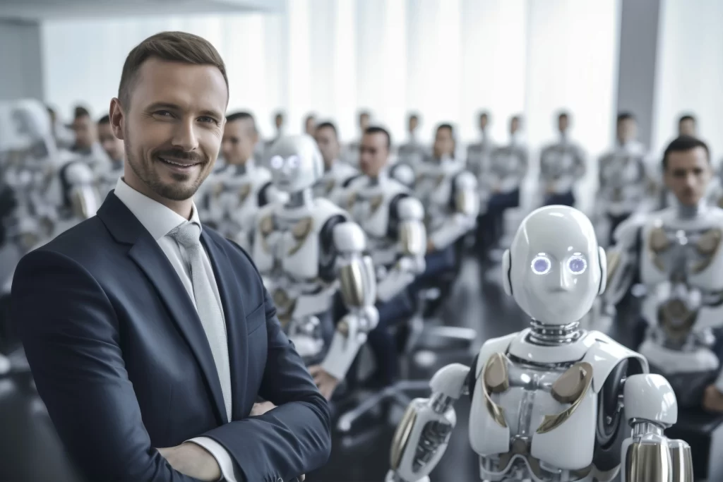 A professional surrounded by AI robots symbolizing the integration of AI in recruitment processes, highlighting the future of talent acquisition