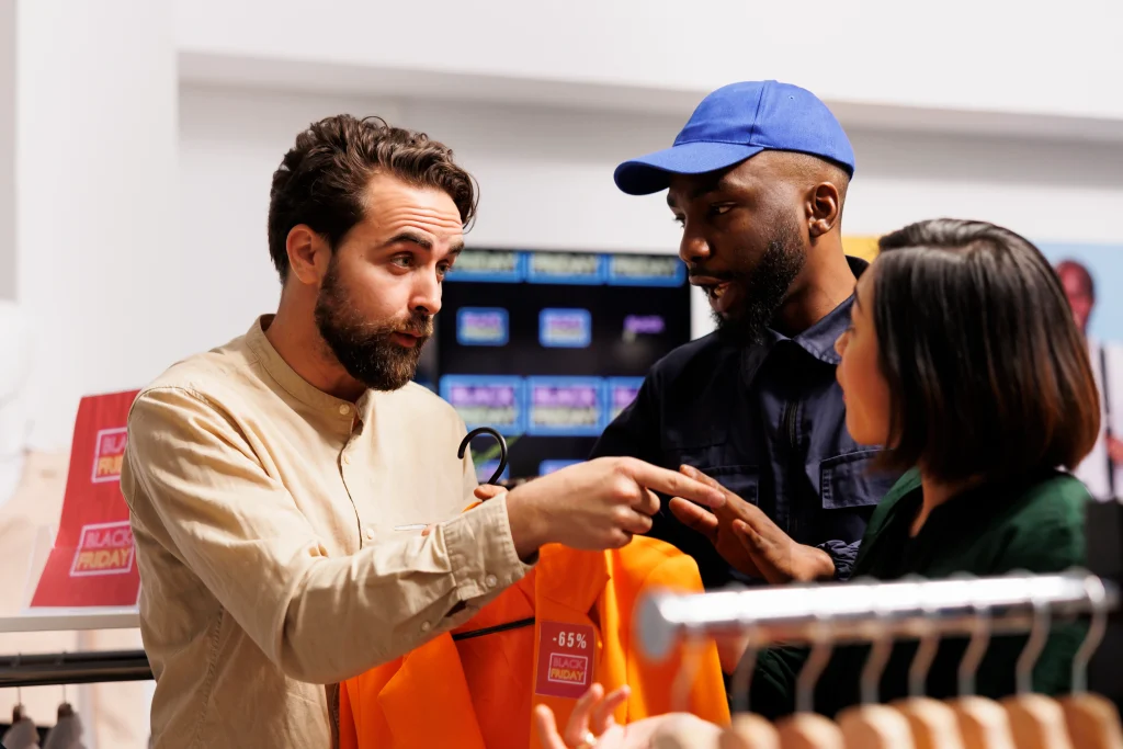 Retail talent in action as store staff engage with customers during a busy Black Friday sale, helping them choose discounted clothes.
