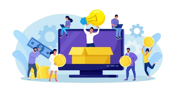Illustration of people using technology and holding coins and a lightbulb, representing online crowdsourcing for innovation and funding.