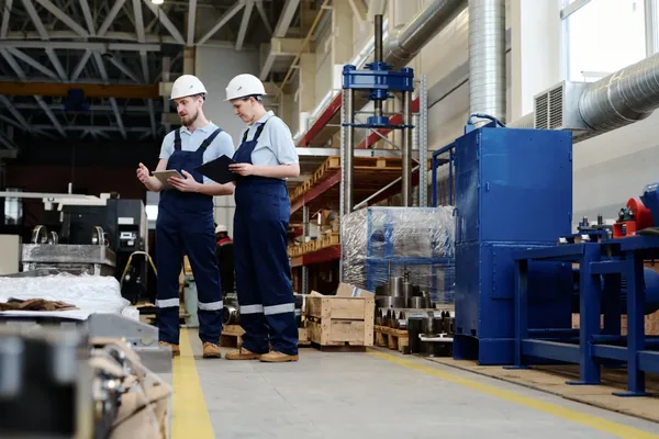 Blue-collar supervisors reviewing production plans inside a modern industrial facility