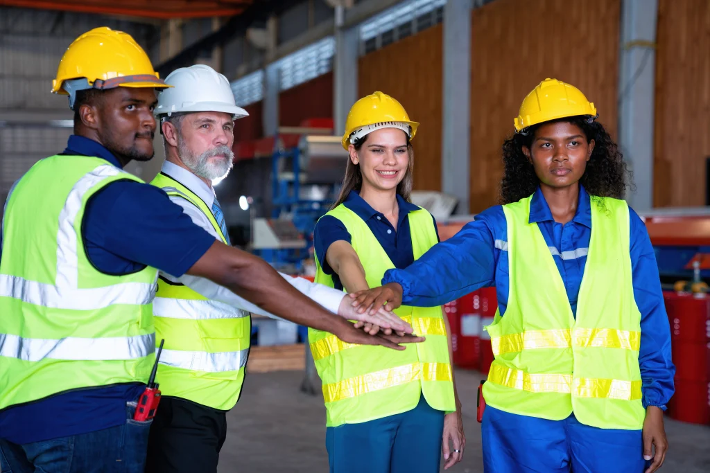 Group of four workers stacking hands in a warehouse, symbolizing teamwork in blue collar workforce solutions.