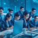 A dynamic, cinematic editorial photo of a diverse group of Asian professionals collaborating around laptops and digital devices in a modern open office, with glowing holographic data and network visuals subtly overlaying the scene to represent cutting-edge crowdsourcing and flexible talent innovation in the APAC region.