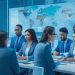 A diverse team of focused content moderators and AI specialists collaborating in a modern digital control room filled with multiple screens displaying abstract maps and data overlays representing North Africa, conveying advanced technology, multicultural expertise, and digital safety efforts in a dynamic editorial style.