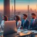 A cinematic editorial image of a diverse team of tech entrepreneurs and business professionals collaborating around a sleek digital workspace with modern laptops and holographic data overlays, set against a warm, vibrant North African cityscape at sunset symbolizing innovation, growth, and dynamic business expansion.