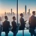 A dynamic, cinematic shot of diverse business professionals collaborating in a sleek modern office with panoramic city views of a major Asia Pacific metropolis at sunset, capturing a sense of innovation, teamwork, and regional talent empowerment.
