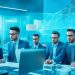 A cinematic editorial image of a diverse team of Australian tech professionals collaborating around futuristic digital interfaces and holographic AI data visualizations in a modern office, symbolizing innovation and data annotation driving Australia’s AI future in 2025.