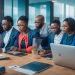 A dynamic, cinematic editorial photo of a diverse group of Nigerian IT professionals collaborating around laptops and digital devices in a modern office space, with warm natural light highlighting their focused expressions and the vibrant energy of Nigeria’s growing tech industry.