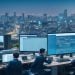 A cinematic editorial image of a modern South Korean tech office with diverse professionals collaborating over AI-driven data annotation projects on sleek computers, showcasing a high-tech urban Seoul skyline glowing in the background at twilight.