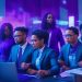 A cinematic editorial photo of a diverse group of tech startup founders collaborating intensely around a large modern touchscreen displaying dynamic keyword maps and thematic clusters, set in a sleek, futuristic office bathed in cool blue and purple lighting, conveying innovation, strategy, and digital growth.