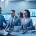 A dynamic, cinematic scene of diverse professionals collaborating around a sleek digital dashboard displaying abstract data visualizations and analytics in a modern tech startup office, highlighting the power of AI-driven HR recruitment and talent insights in a cutting-edge work environment.