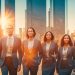 A cinematic editorial photograph of a confident diverse business team in a modern European cityscape, symbolizing seamless international expansion and entrepreneurship, with sleek skyscrapers and vibrant urban energy in the golden hour light.