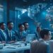 A dynamic, cinematic scene of a diverse team of tech professionals collaborating confidently in a modern, high-tech office with a world map glowing in the background, symbolizing seamless global hiring and rapid startup growth.