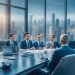 A cinematic, editorial-style photo of a diverse team of business professionals engaged in a high-level meeting around a sleek conference table, with world maps and futuristic city skylines visible through large office windows, conveying the complexity and strategic planning behind launching a foreign subsidiary in a dynamic global market.